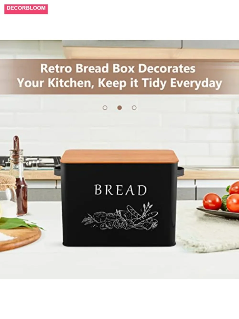Metal Bread Box with Wooden Cutting Lid, Retro Modern, Large Capacity for 2+